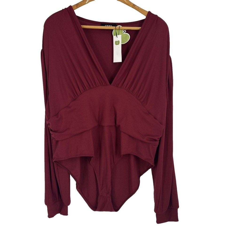 Cider Womens Bodysuit 4XL Wine Ribbed Stretch Deep V‎ Comfort Vamp Whimsigoth